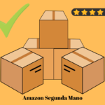 Ilustración de cajas de Amazon Segunda Mano con un check verde y cinco estrellas indicando calidad y garantía.