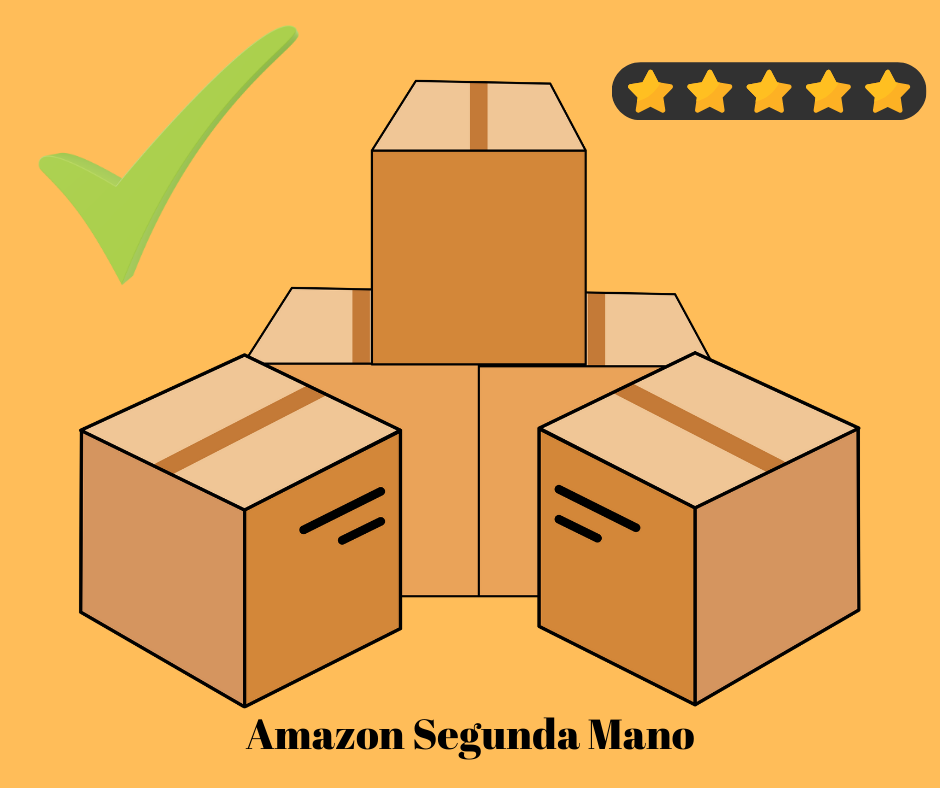 Ilustración de cajas de Amazon Segunda Mano con un check verde y cinco estrellas indicando calidad y garantía.