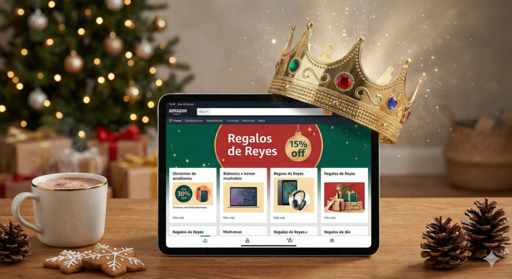 Móvil con lista de deseos de Amazon abierta y decoración de Reyes Magos.