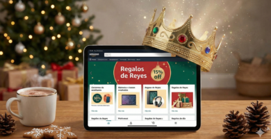 Móvil con lista de deseos de Amazon abierta y decoración de Reyes Magos.