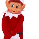 Muñeco elfo de navidad sentado en una estantería con gorro rojo.