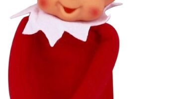 Muñeco elfo de navidad sentado en una estantería con gorro rojo.