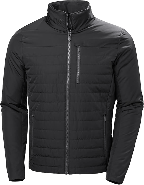 Hombre vistiendo chaqueta Helly Hansen Crew Insulator 2.0 azul marino con logo en el hombro.