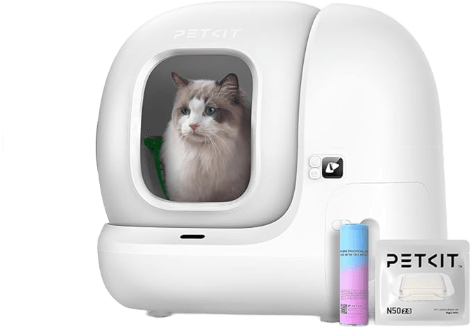 Gato entrando en el arenero autolimpiable PETKIT Pura MAX 2 blanco.
