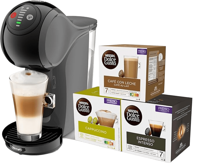 Cafetera De'Longhi Dolce Gusto Genio S color gris con taza de café.