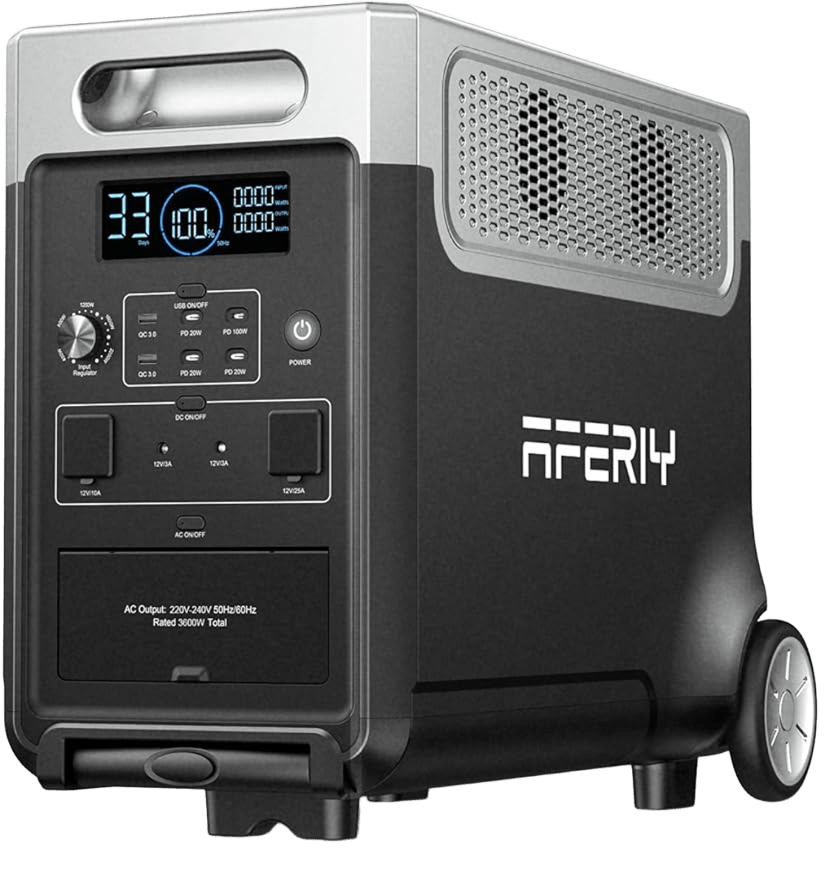 Generador eléctrico portátil AFERIY negro alimentando electrodomésticos en un camping