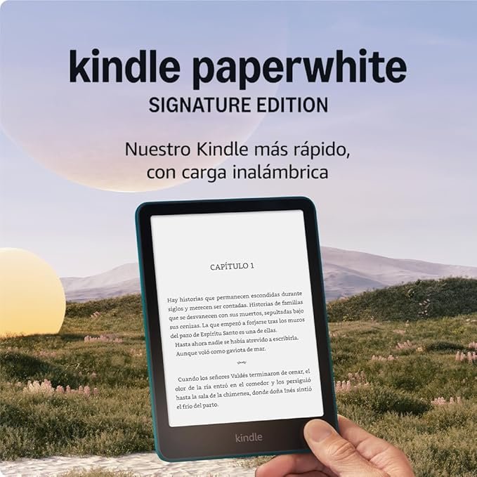 Kindle Paperwhite Signature Edition mostrando pantalla de tinta electrónica con luz cálida autorregulable