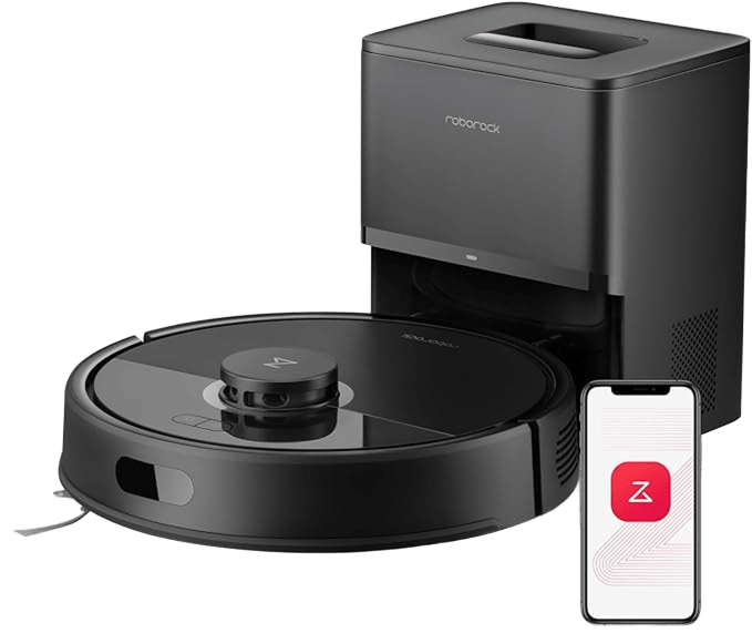 Robot aspirador Roborock Q7 L5+ color negro en su base de carga y autovaciado.