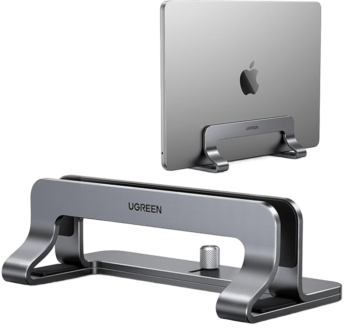 Soporte vertical UGREEN de aluminio gris espacial sosteniendo un portátil cerrado en modo concha.