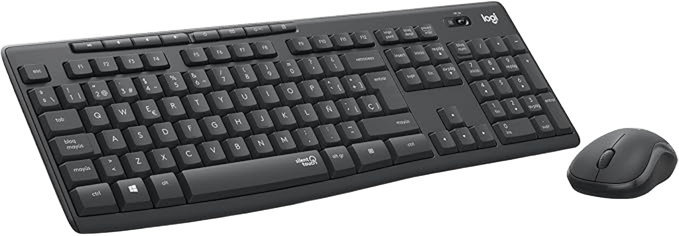 Teclado negro Logitech MK295 y ratón sobre escritorio de madera junto a una planta y monitor
