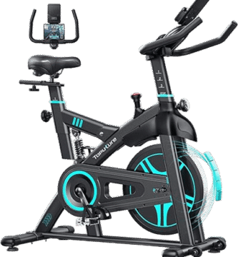 Bicicleta estática Toputure negra y roja en salón de casa