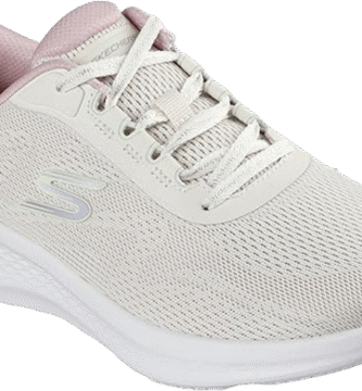 Zapatilla deportiva Skechers mujer color beige natural vista lateral con suela blanca.