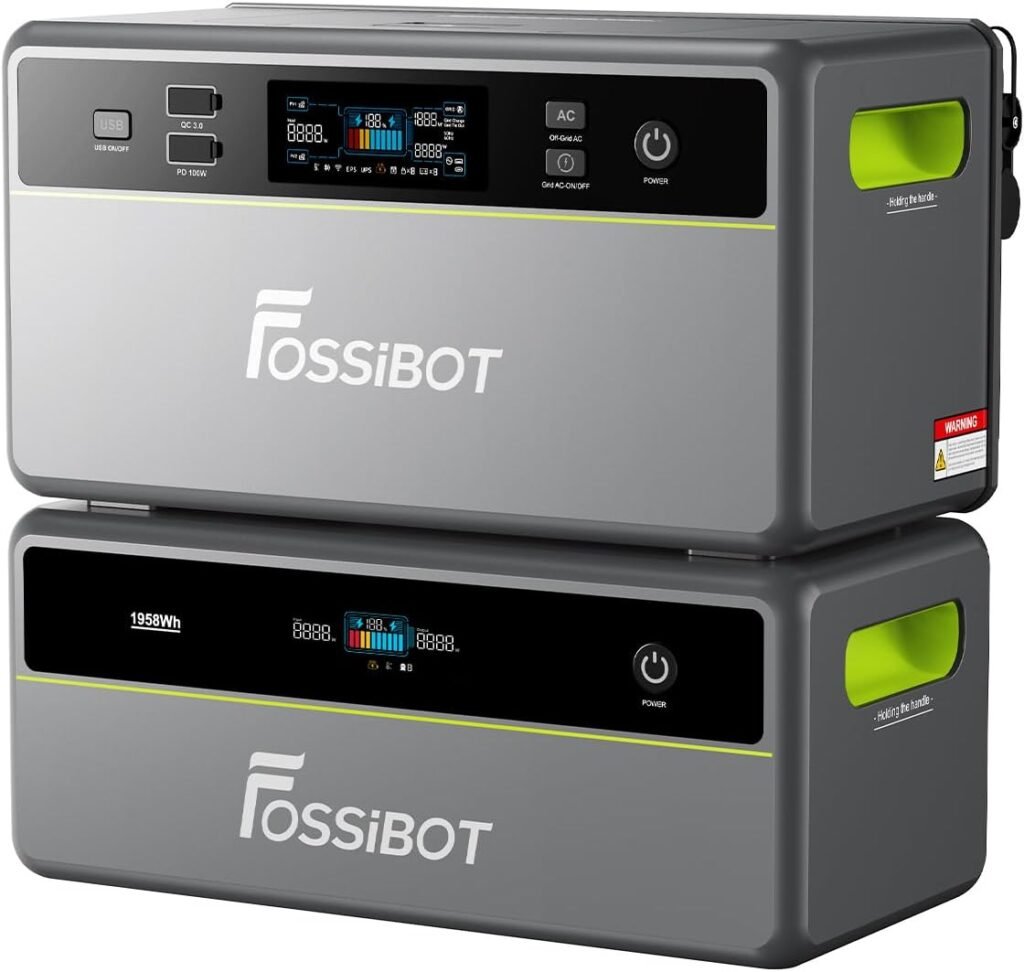 Estación de energía FOSSiBOT FBP1200 en un balcón con paneles solares.