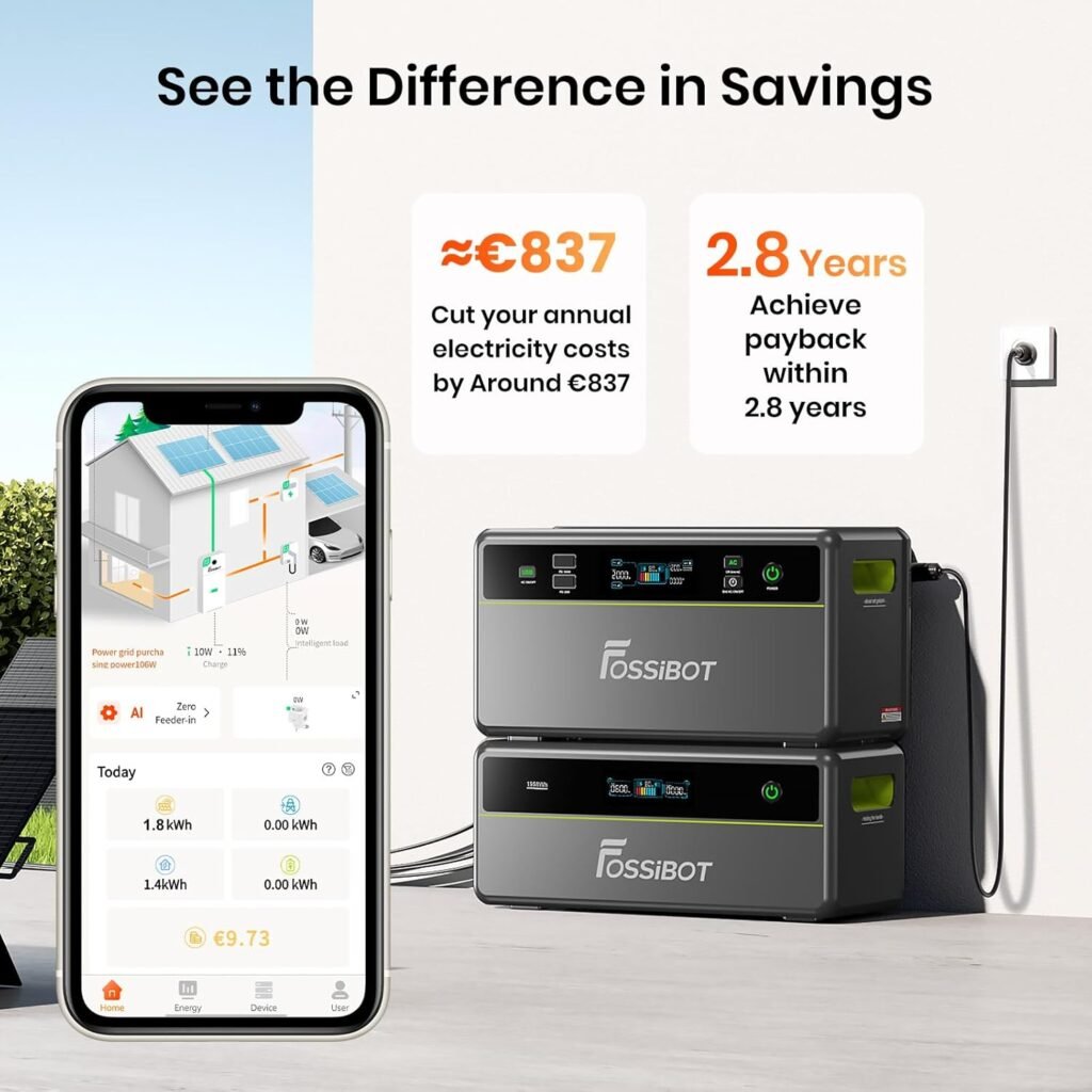 Imagen en la que se ve el Fossibot enchufado a la corriente e inyectando la energía que recibe del sol,
También muestra en la app móvil el ahorro y hay una parte en la que dice que en unos dos años lo tienes amortizado